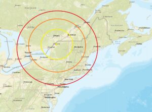 The earthquake struck at the yellow dot inside the colored concentric circles in northern New York. Image: USGS
