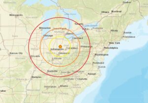 The epicenter of today's earthquake in Ohio is at the orange dot located in the middle of the concentric colored circles. Image: USGS