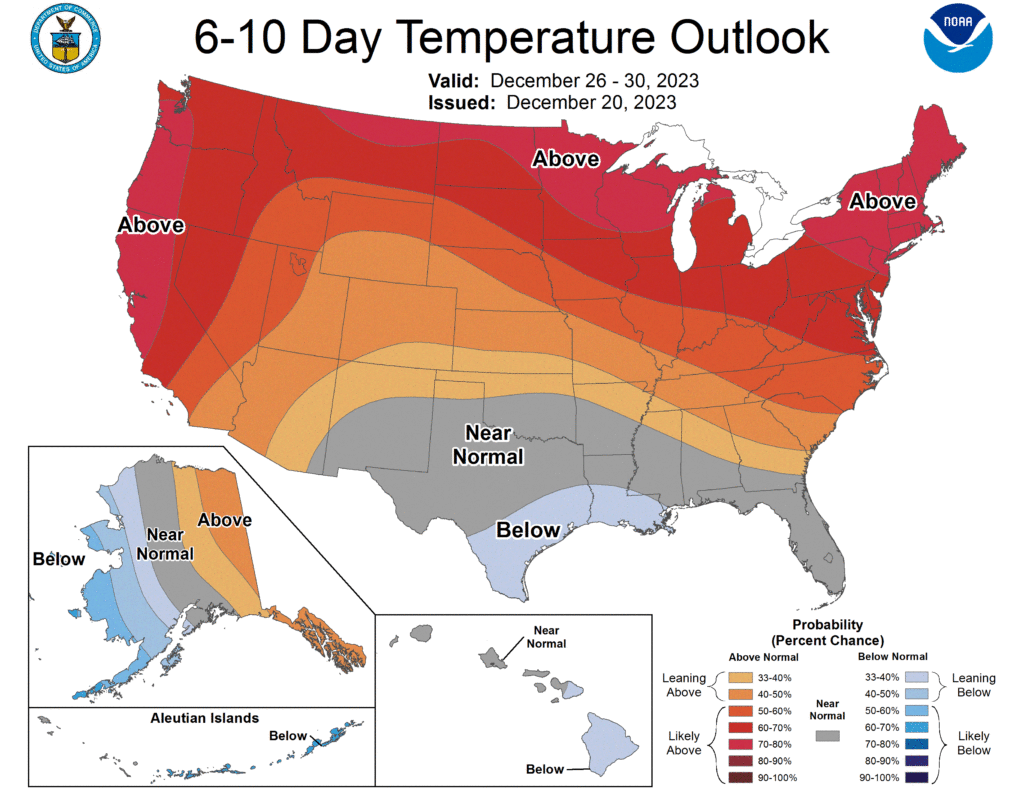 The latest temperature outlook for the days after Christmas shows a milder than normal weather pattern for much of the U.S.. Image: NWS CPC