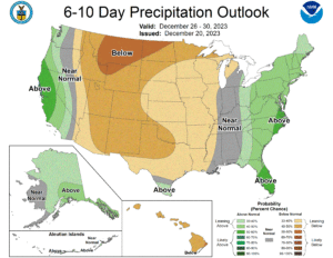 The Climate Prediction Center's outlook calls for above-normal precipitation on the U.S. West and East Coasts in the week after Christmas Day. Image: NWS CPC