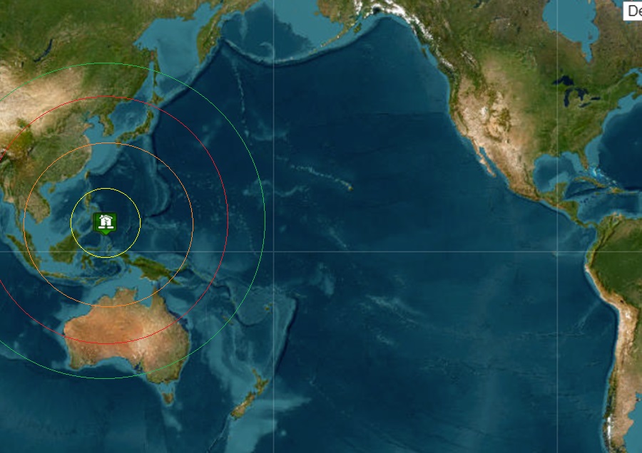 The epicenter of more than 30 earthquakes is located at the icon in the middle of the colored concentric circles. Image: PTWC
