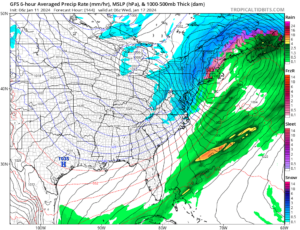 The American GFS forecast model is suggesting a winter storm could bring accumulating snow to the Mid Atlantic, including the I-95 corridor between Washington, DC and New York City next week. Image: tropicaltidbits.com