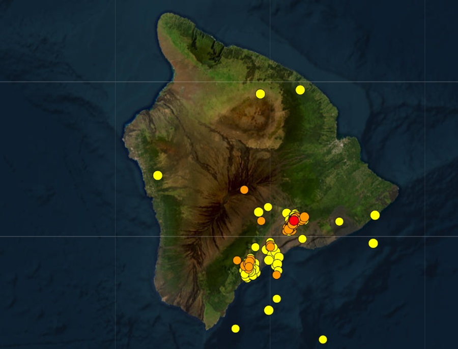 According to USGS, there have been 299 measured earthquakes on the Big Island of Hawaii in the last 7 days. The epicenter of each earthquake is shown with a dot, with yellow dots being older quakes and red ones being new. Image: USGS