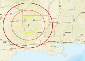 Three earthquakes struck in the same general area in recent days in northwestern Louisiana; each dot inside the colored concentric circles indicates the epicenter of an earthquake. Image: USGS