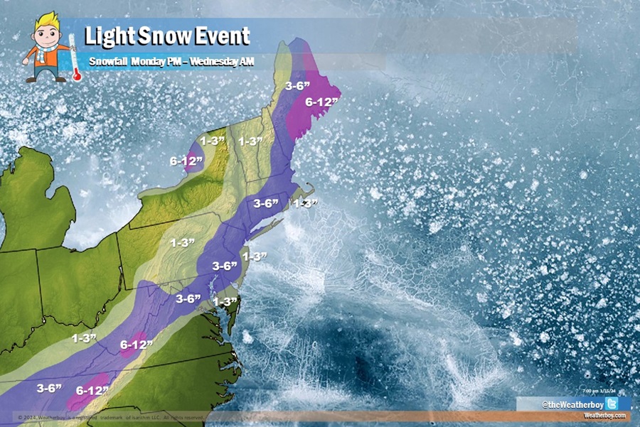 A widespread 2-4" of snow will fall with heavier amounts along the highest elevations of the Appalachians and across eastern Maine. Image: Weatherboy