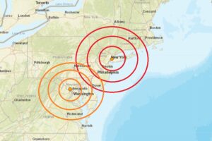 The earthquakes struck earlier today at the orange dot inside the colored concentric circles; the New York City area earthquake is within the red circles while the Washington, DC-area one is within the orange circles. Image: USGS