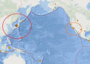 Each orange dot reflects the epicenter of an earthquake with a magnitude 2.5 or greater over the last 24 hours, with most centered on the Ring of Fire. The strongest quake inside the red circle struck Japan while a moderate quake also struck southern California in the middle of the orange circle. Image: USGS