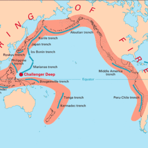 Volcanic arcs and oceanic trenches partly encircling the Pacific Basin form the so-called Ring of Fire, a zone of frequent earthquakes and volcanic eruptions. The trenches are shown in blue-green. The volcanic island arcs, although not labelled, are parallel to, and always landward of, the trenches. For example, the island arc associated with the Aleutian Trench is represented by the long chain of volcanoes that make up the Aleutian Islands. Image; USGS