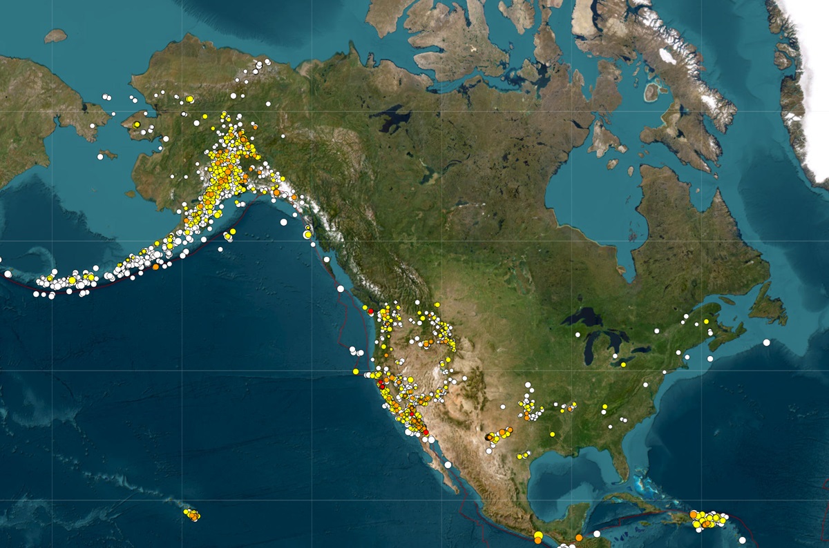 Each dot represents the epicenter of an earthquake which struck over the last 30 days. The white dots reflect the oldest earthquakes while the orange dots reflect the most recent. Image: USGS