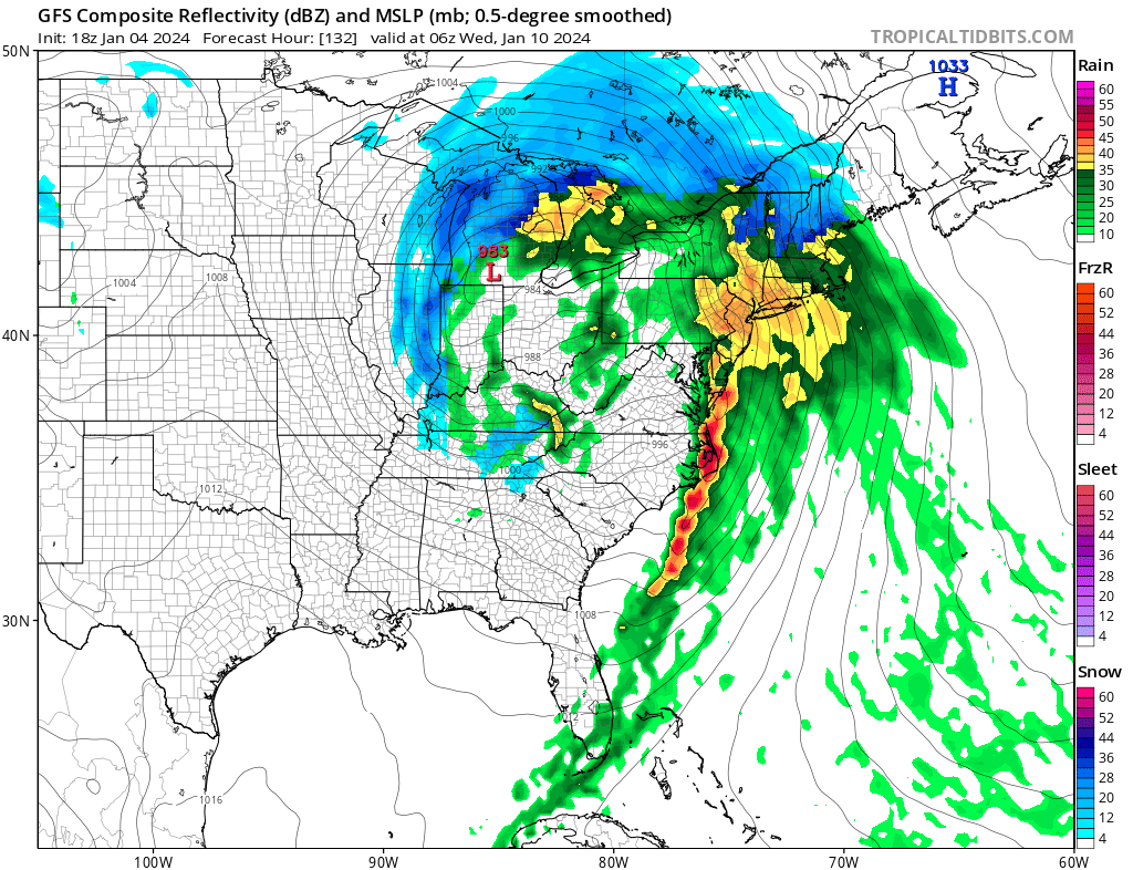 Latest American GFS computer forecast model depiction of RADAR imagery for late Tuesday night shows heavy rain and thunderstorms moving north into the northeast, including over areas where heavy snow is expected this weekend.  Image: tropicaltidbits.com
