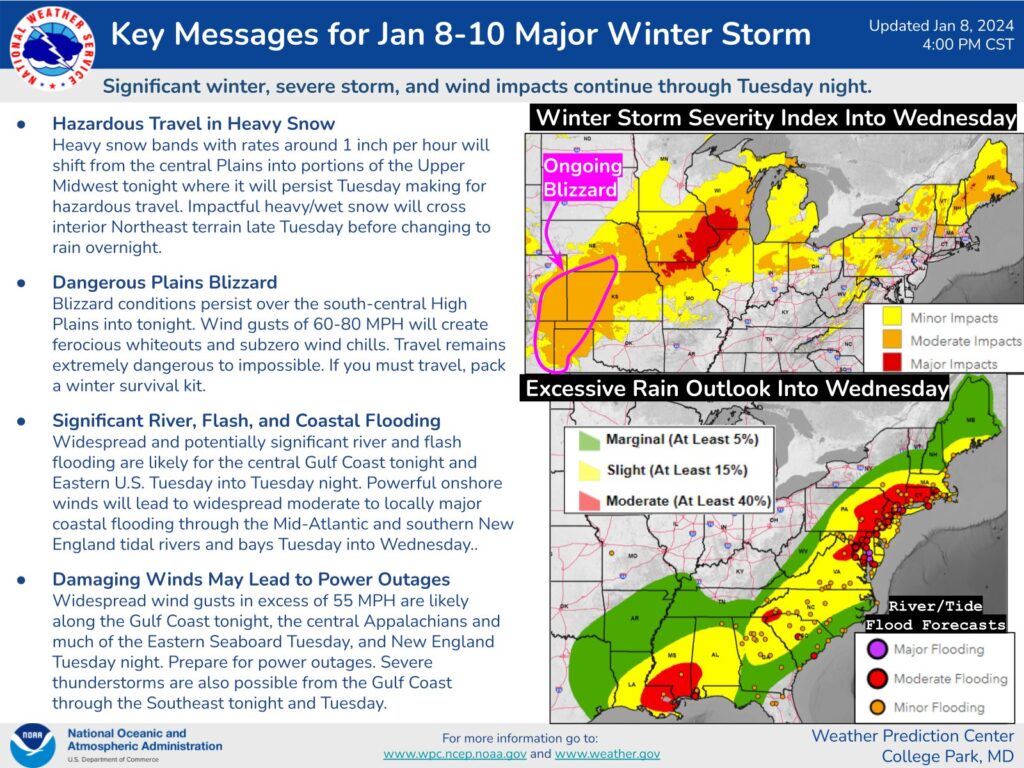 The National Weather Service summarizes numerous threats heading into the eastern U.S. today into tomorrow. Image: NWS