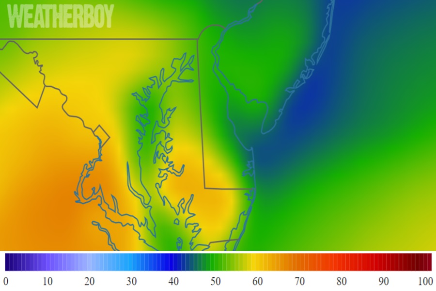 Temperatures will climb to spring-like norms on Friday in the Mid Atlantic. Image: weatherboy.com