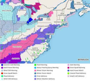 A variety of watches, advisories, and warnings are in effect for the storm system moving through the eastern U.S. today into tomorrow and early Wednesday. Image: weatherboy.com