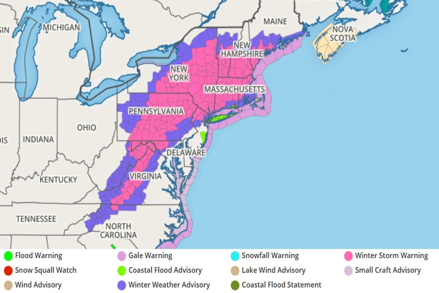 Winter Storm Warnings have been issued by the National Weather Service in the hot pink areas for heavy snow. Image: weatherboy.com