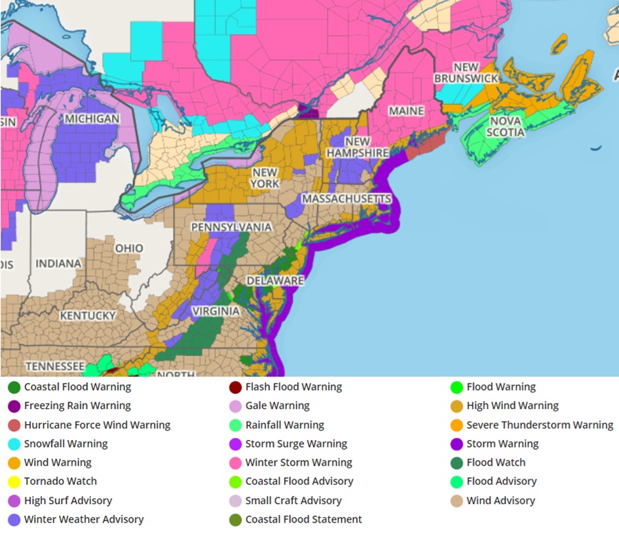 A variety of weather related watches and warnings are in effect today into tomorrow due to the significant storm impacting this part of the U.S. now. Image: weatherboy.com