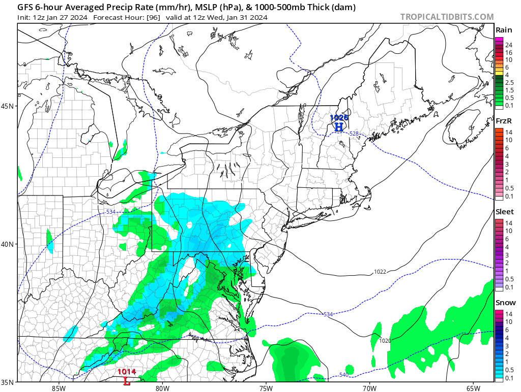 The American GFS computer forecast model output for Wednesday morning shows the month ending with light snow and rain for some in the Mid Atlantic. Image: tropicaltidbits.com