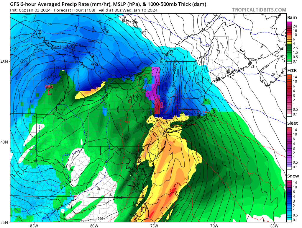 The latest American GFS forecast model shows an area of very heavy rain in yellow and orange moving up into New Jersey and the Philadelphia and New York City metro areas late Tuesday night / early Wednesday morning. Image: tropicaltidbits.com
