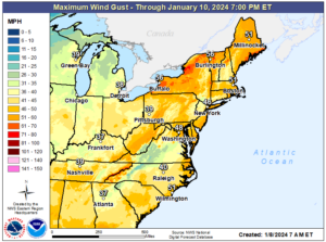 Powerful winds are expected across much of the east from this storm; this map reflects expected top gusts through January 10. Image: NWS