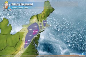 Expected snowfall amounts for the northeast this weekend from a winter storm moving through. Image: Weatherboy