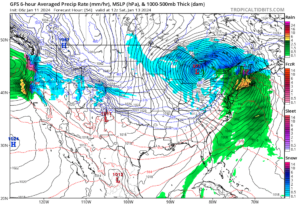 Before a potential snow event unfolds next week, another wind-swept rain storm is likely to impact the northeast again, as this American GFS forecast model depicts. Image: tropicaltidbits.com