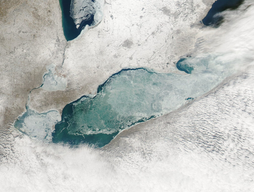 Normally this time of year, the Great Lakes would be covered with ice. This is a MODIS image of Lake Erie ice cover from February 6, 2009. Image: NOAA