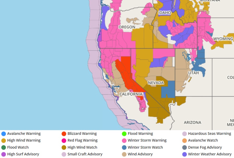 Numerous watches and warnings, including Blizzard Warnings in red, have been issued across the western U.S. Image: weatherboy.com