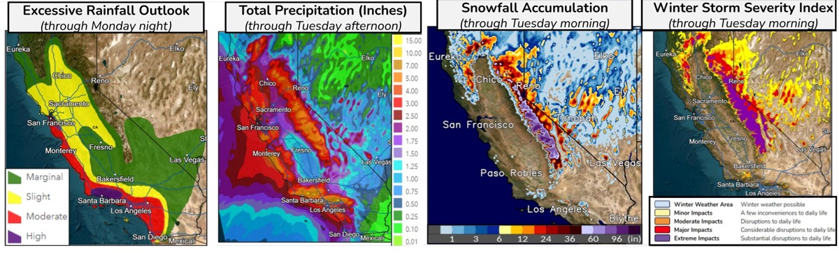 A variety of hazards will push across California and the west. Image: NWS