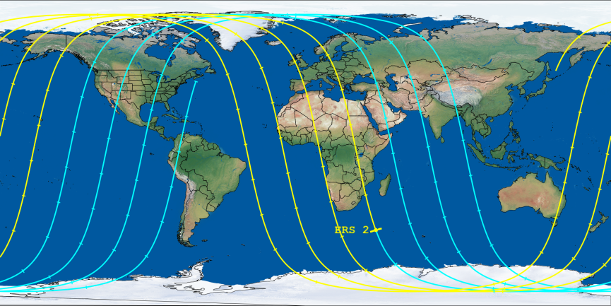 The green and blue lines show the ground track of the ERS-2 satellite; the remnants could strike Earth anywhere near/below these lines. An exact location around these lines is not yet known. Image: Aerospace.org