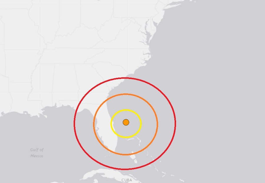 The epicenter of this earthquake off the Florida coast is at the orange dot inside the concentric circles on this map. Image: USGS