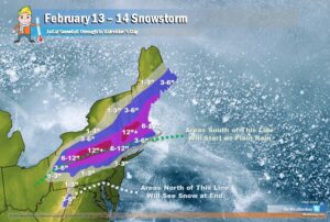 More than a foot of snow is possible in portions of the northeast before Valentine's Day. Some areas below the green dotted line will see snow start as plain rain while areas north of the blue dotted line will see rain change to snow, although accumulations will be limited here. Image: Weatherboy