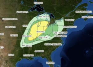 According to the Storm Prediction Center, the shaded regions on this map have an elevated risk of seeing severe weather tomorrow, with the yellow areas the most likely to see severe thunderstorms. Image: weatherboy.com