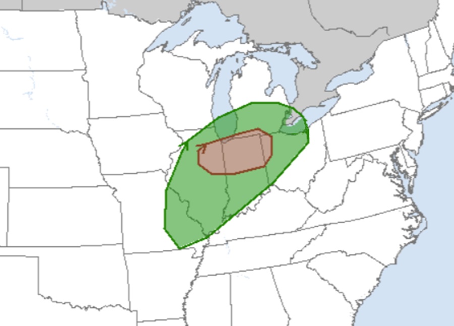 There is an elevated threat of tornadoes in the color shaded areas, with the brown area having the highest risk of tornadic cells. Image: NWS SPC
