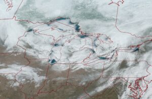 The latest GOES-East weather satellite view of the Great Lakes shows relatively ice-free lakes obscured by some clouds. Image: NOAA