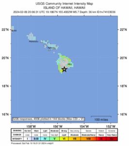 Shaking was felt across all of Hawaii's islands from the February 9, 2024 earthquake. Image: USGS