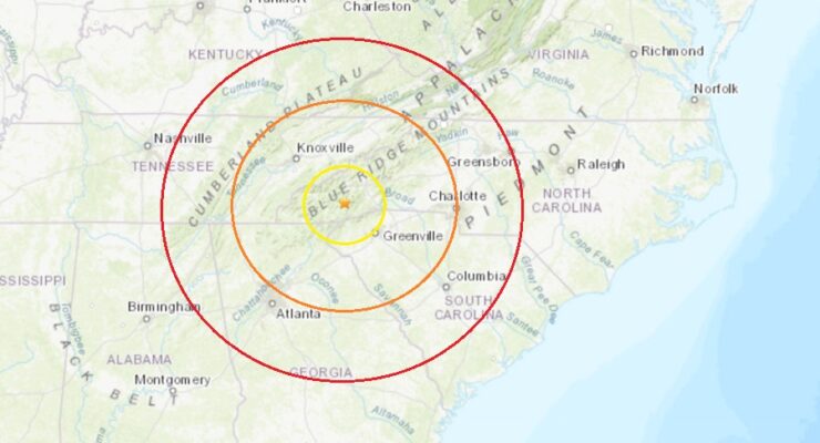 The epicenter of today's earthquake was at the orange star inside the concentric colored circles on this map. Image: USGS