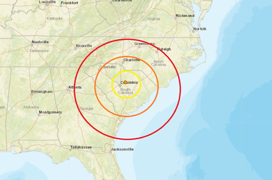 South Carolina saw another earthquake today; the epicenter is at the orange dot inside the colored concentric circles. Image: USGS