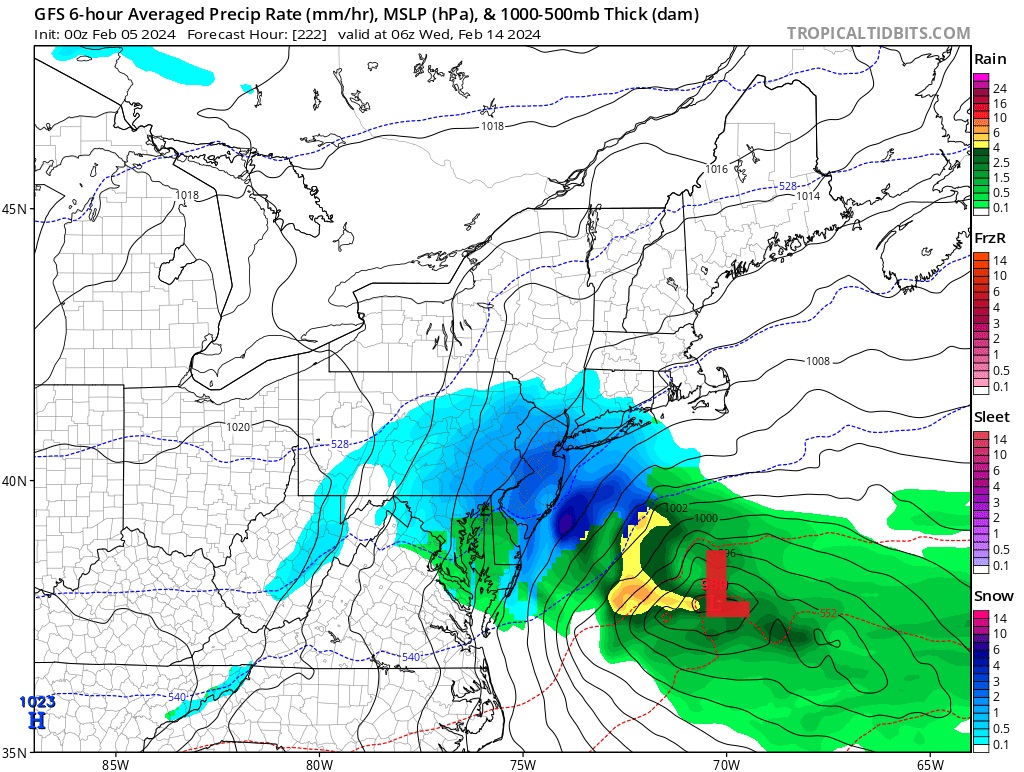 The American GFS forecast model has been showing on some runs this notion of a Mid Atlantic snowstorm around Valentine's Day. However, because the GFS is flip-flopping on such a stormy solution and other models show completely different scenarios, it's unlikely to come to fruition. Image: tropicaltidbits.com