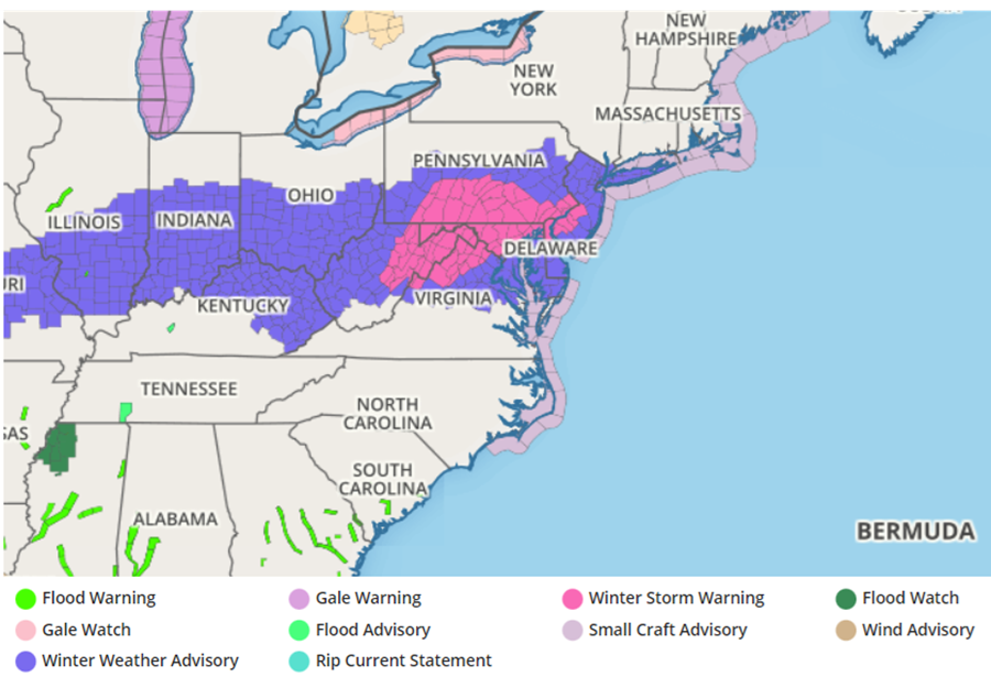 Current watches and warnings in effect for the storm expected to impact the Mid Atlantic tonight into tomorrow. Image: weatherboy.com