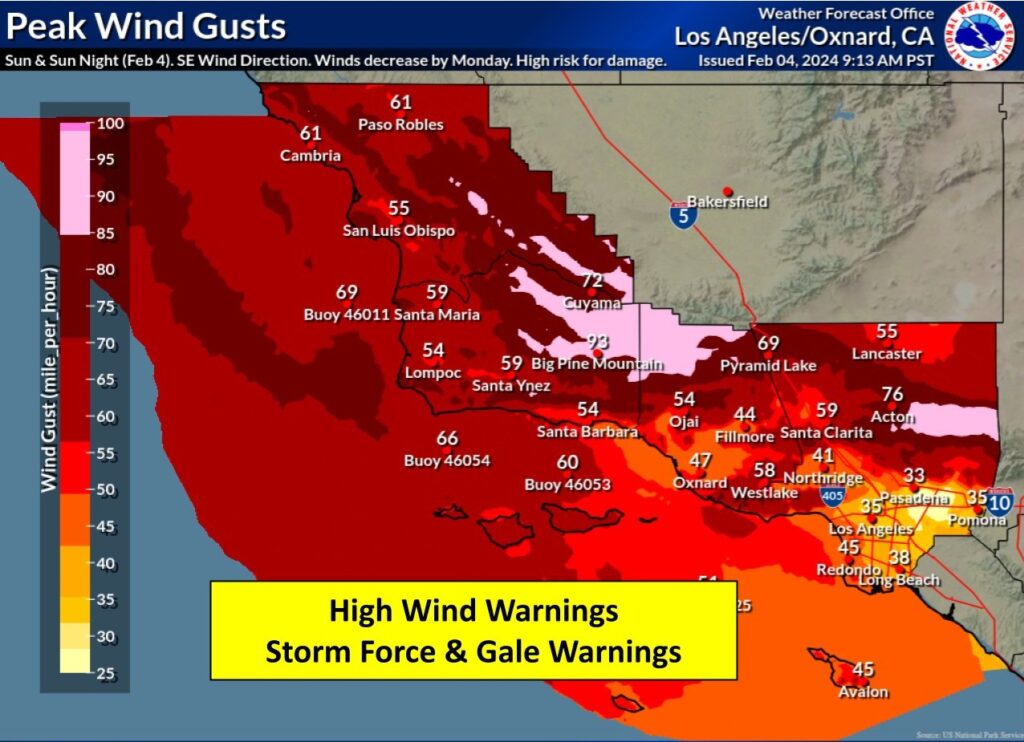 Damaging winds from the Pineapple Express should peak tonight. Image: NWS