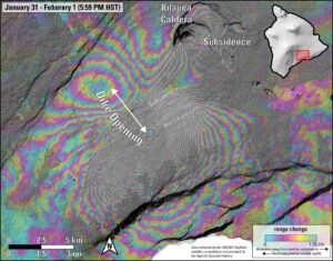 Satellite derived data shows significant ground deformation, or uplift, in two areas southwest of the Kilauea caldera, caused by a large amount of magma pushing the ground up in this region from just below the surface. Image: USGS