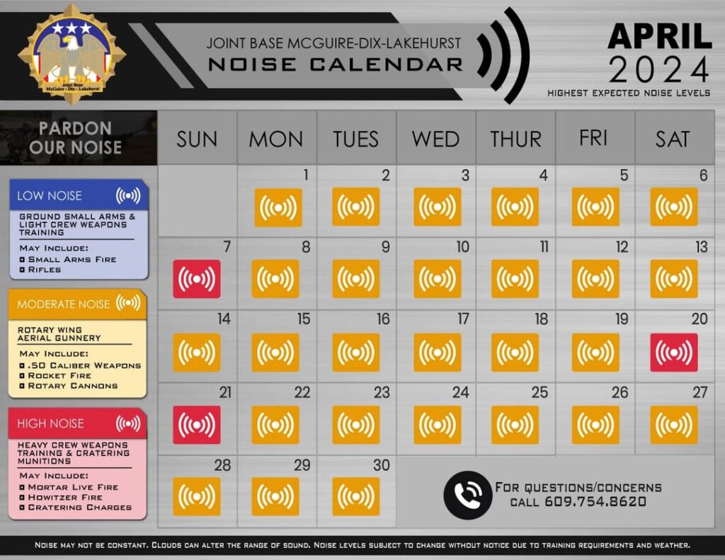 April noise calendar published by Joint Base McGuire-Dix-Lakehurst  Image: US DOD