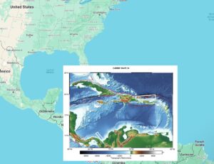 Caribe Wave 2024 will simulate two different scenarios that produce a significant tsunami-generating earthquake within the white boxes. One is north of Puerto Rico, the other is north of Panama. Image: NOAA