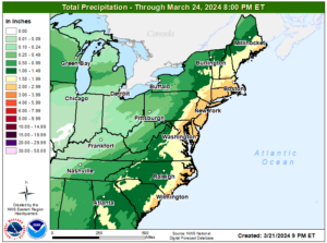The heaviest rain will fall over New Jersey, where up to 4" could fall. Much of the east coast will see soaking rains over 2". Image: NWS