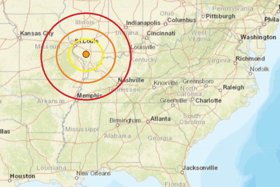 Today's earthquake was located at the orange dot inside the concentric, colored circles. Image: USGS