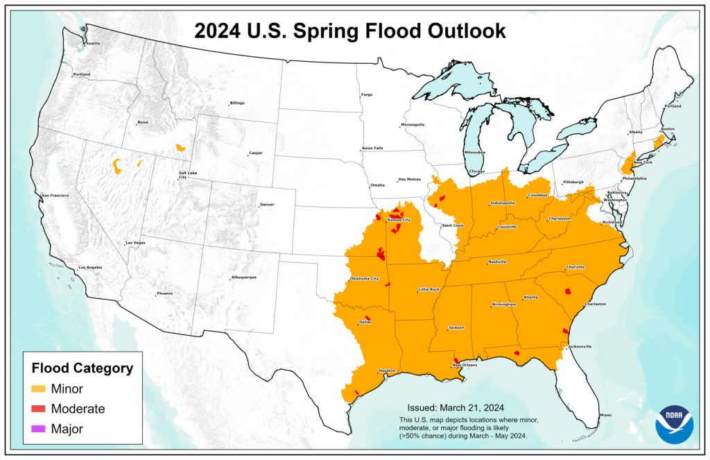 This map depicts the locations where there is a greater than 50% chance of minor to major flooding from April 1 through June 30 this year. Image: NOAA