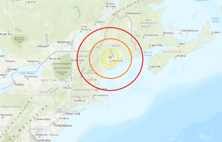 Today's earthquake struck at the orange star inside the colored concentric circles on this map. Image: USGS