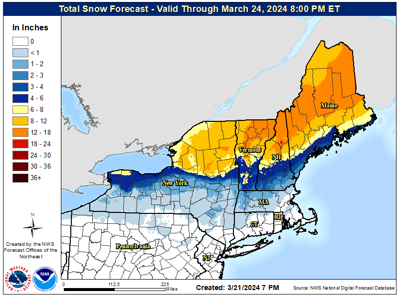 Heavy snow is likely from this nor'easter across northern parts of New England. Image: NWS