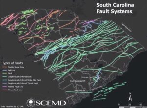 Numerous faults crisscross around South Carolina. Image: SCEMD