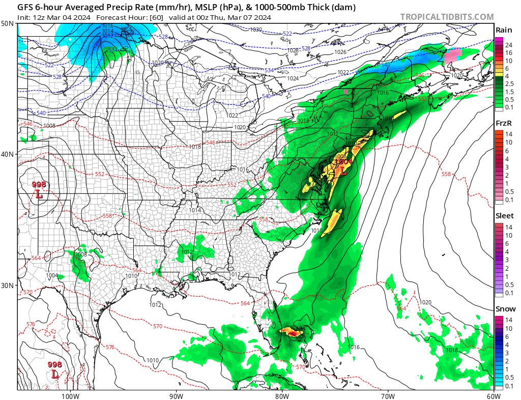 Rain will be especially heavy Wednesday night, as this American GFS computer forecast model depicts.  Image: tropicaltidbits.com