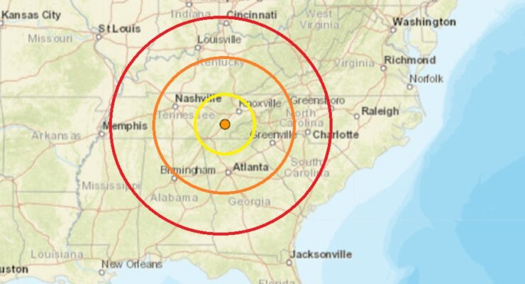 The epicenter of this morning's earthquake struck at the orange dot inside the concentric colored circles. Image: USGS